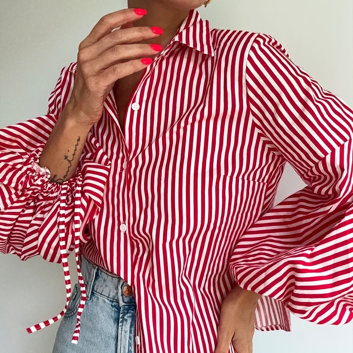 TEMU Striped Lapel Lantern Sleeve Shirt Women's Casual Elegant Loose Drawstring Retro Casual All-match Long Sleeve Top [ns702]