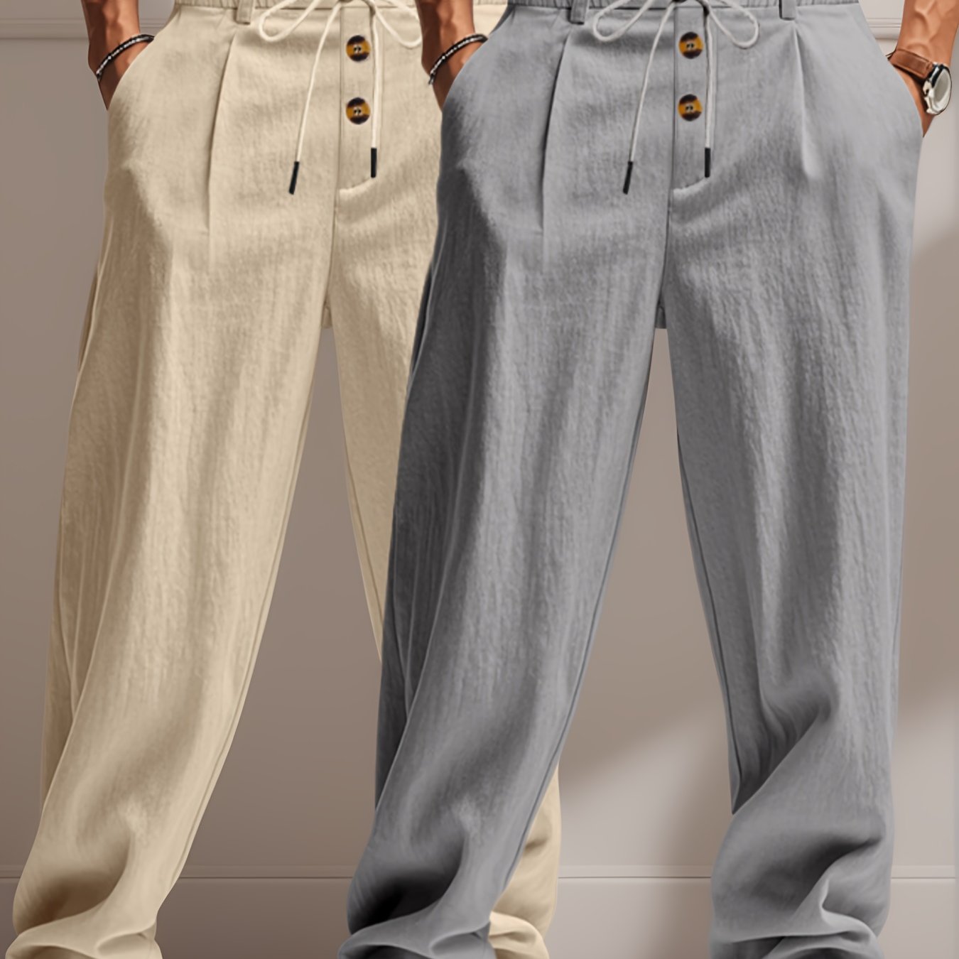 TEMU 2pcs Men's Linen Solid Color British Business Casual Straight Leg Pants With Drawstring Elastic Waistband And Button Design Casual Long Trousers