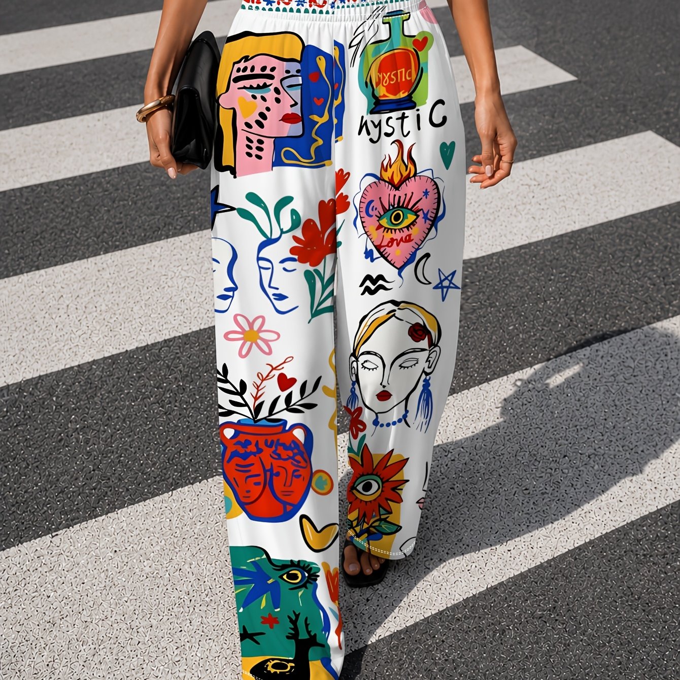TEMU Women's Trousers, Women's Bohemian Pattern Printed Wide-leg Pants- Casual High-waisted Pants New Style Trousers