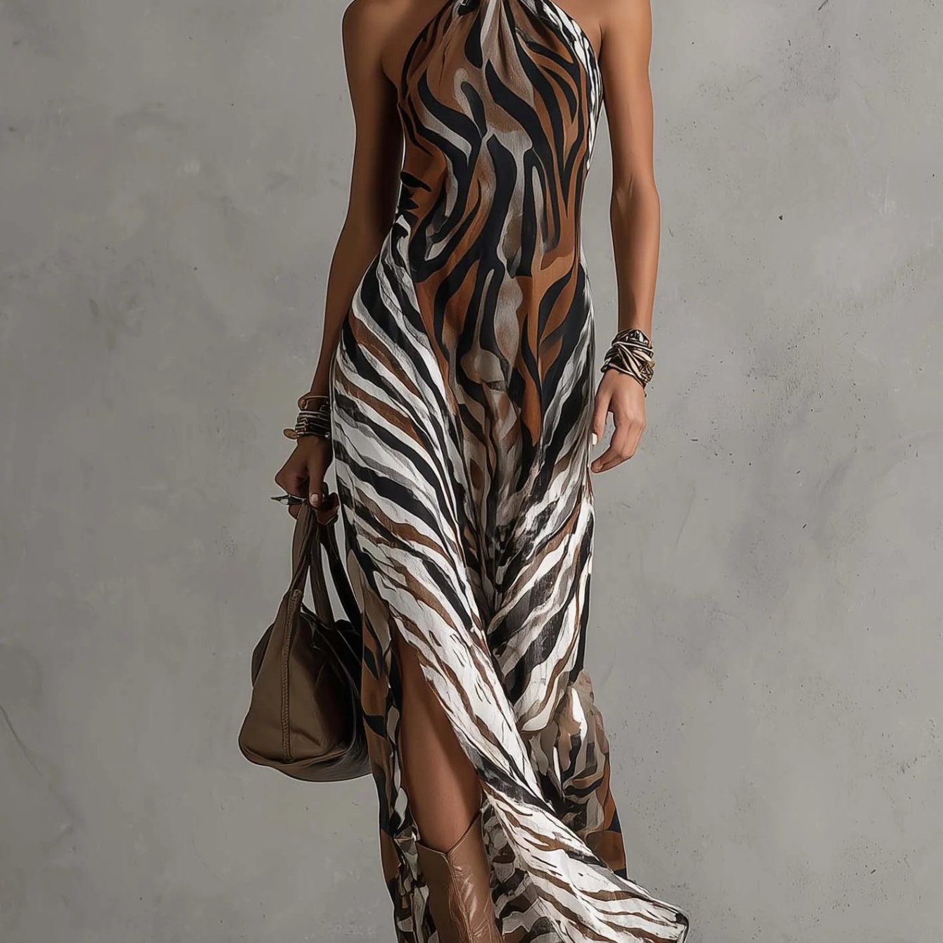 Floral Print Halter Neck Split Dress For Women | Wild And Fashionable , Suitable For Date Dinners And Everyday Outfits