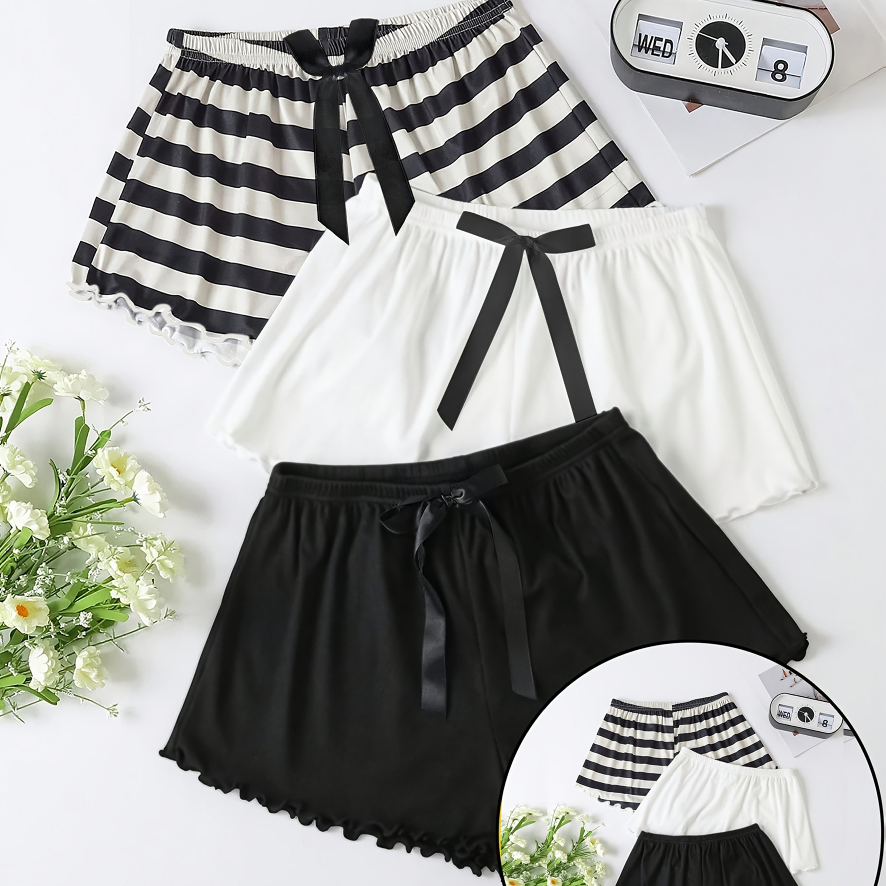 Image of A Set Of 3 Elegant Women's Pants In Black And White, Featuring Comfortable Fabric And A Loose Fit To You Through Pleasant Day. Bow-elastic Waistband Shorts, A Cozy And Relaxed Pajama Loungewear Set