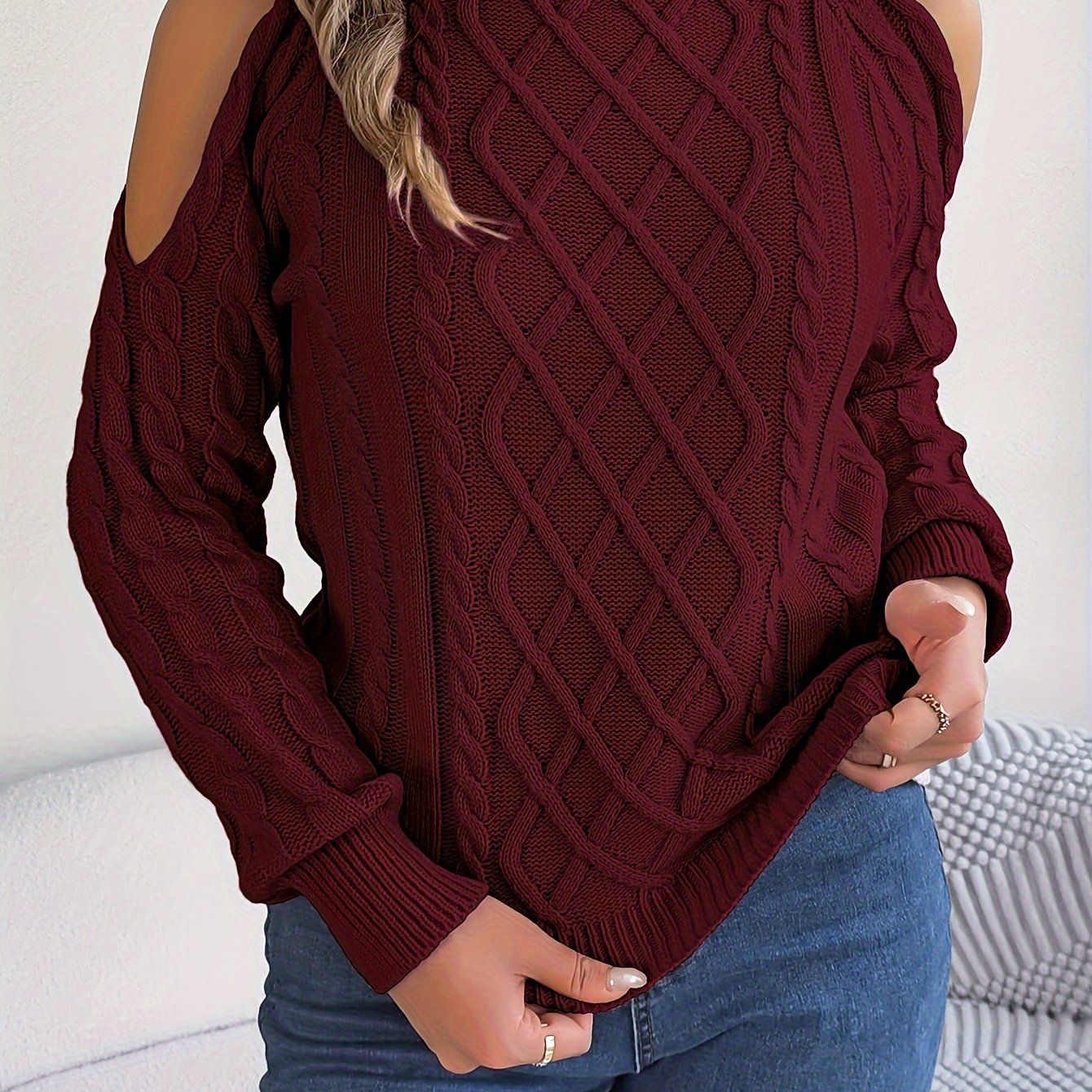 Autumn Casual Off-shoulder Long-sleeve Solid Color Twisted Pullover High-neck Sweater