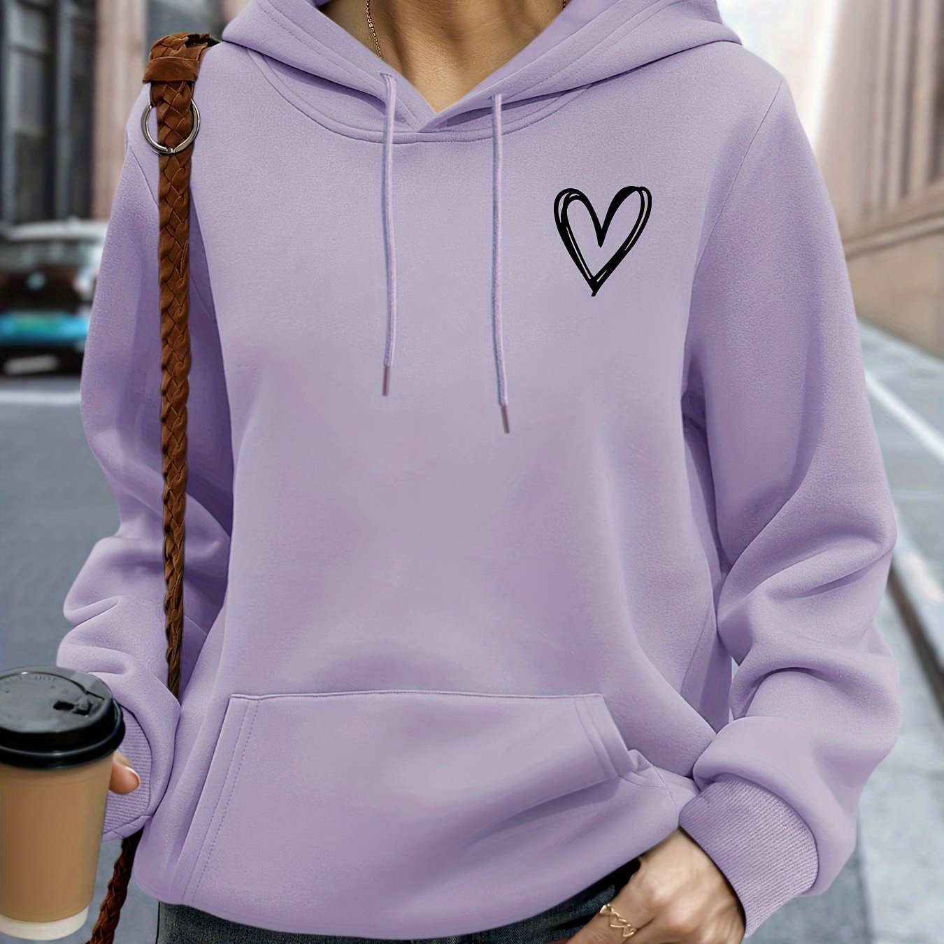 TEMU Plus Size Heart Print Hoodie, Casual Drawstring Hooded Sweatshirt For Fall & Spring, Women's Plus Size Clothing