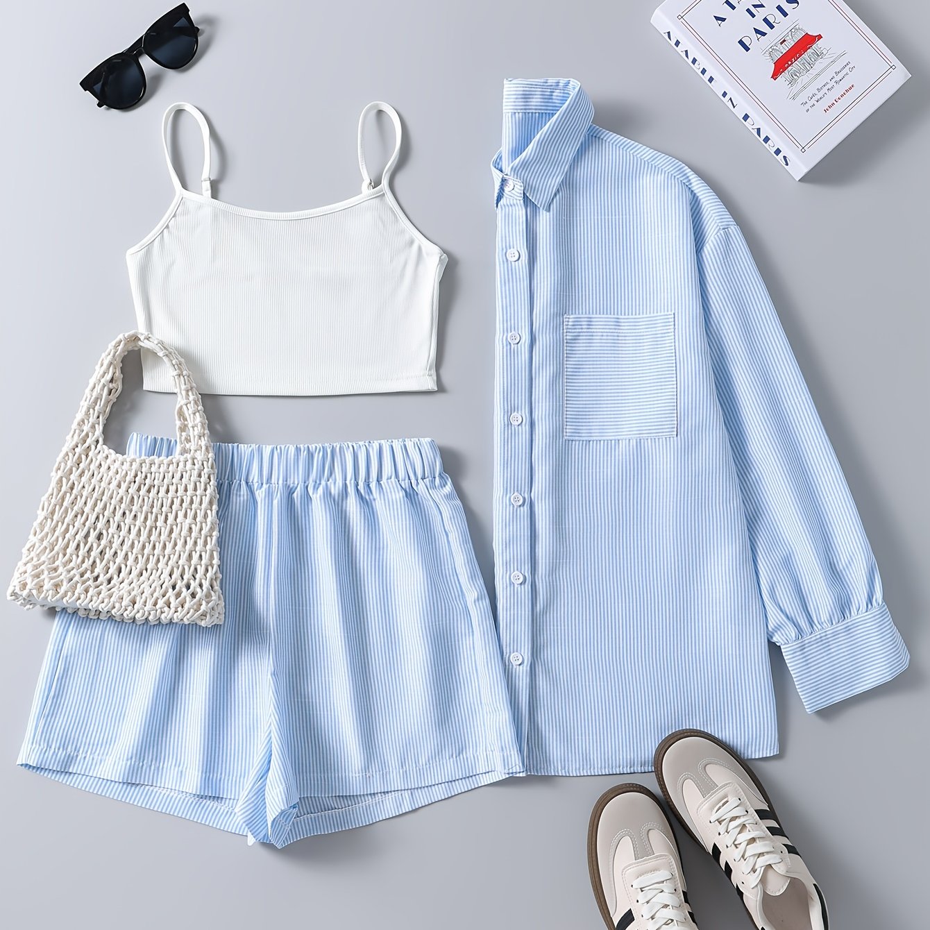 Striped Shirt, Tank Top, And Shorts 3pcs Set