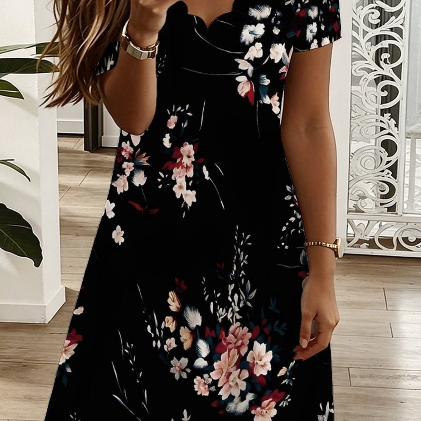 Plus Size, Summer -neck Short Sleeve Dress, All Over Geometric , Elegant Women Dress For Vacation Casual Party