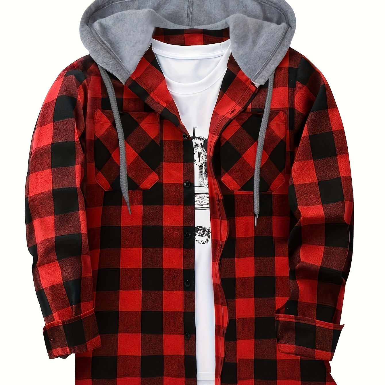 TEMU Fashionable Design Men's Plaid Pattern Hooded Long Sleeve And Button Up Shirt Jacket With Pockets, Chic And Trendy Hoodie Jacket For Outdoors Leisurewear