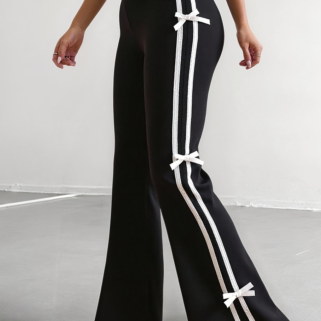 Girl's Side Bow Double Stripe High-waist Lifting Leggings, Elastic Tummy Control Versatile Flared Pants, High-waist Fit, Sporty Casual Flared Leggings, Perfect For Outdoor, Back To School Essentials