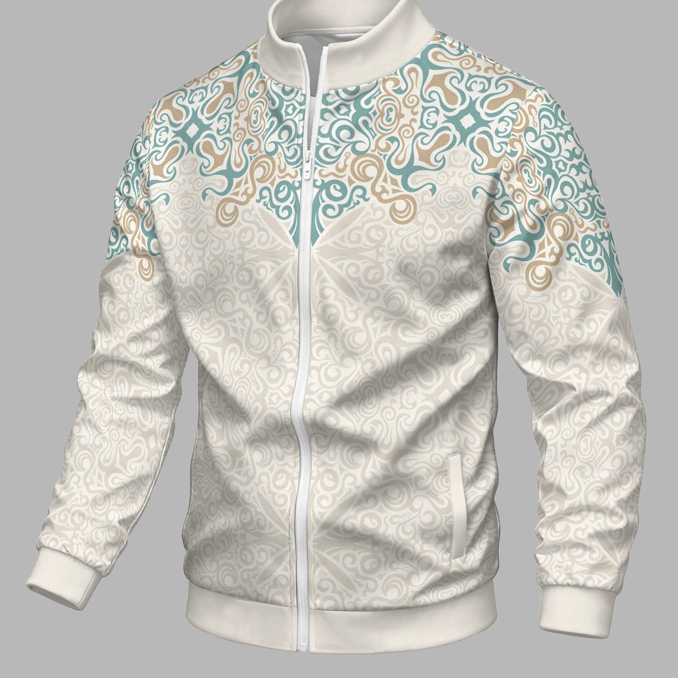 TEMU Autumn Winter Long Sleeve Zippered Athletic Jacket, Elegant Scroll Grass Vortex Pattern Print, Stand Collar Zipper Casual Sports Top, Teenager