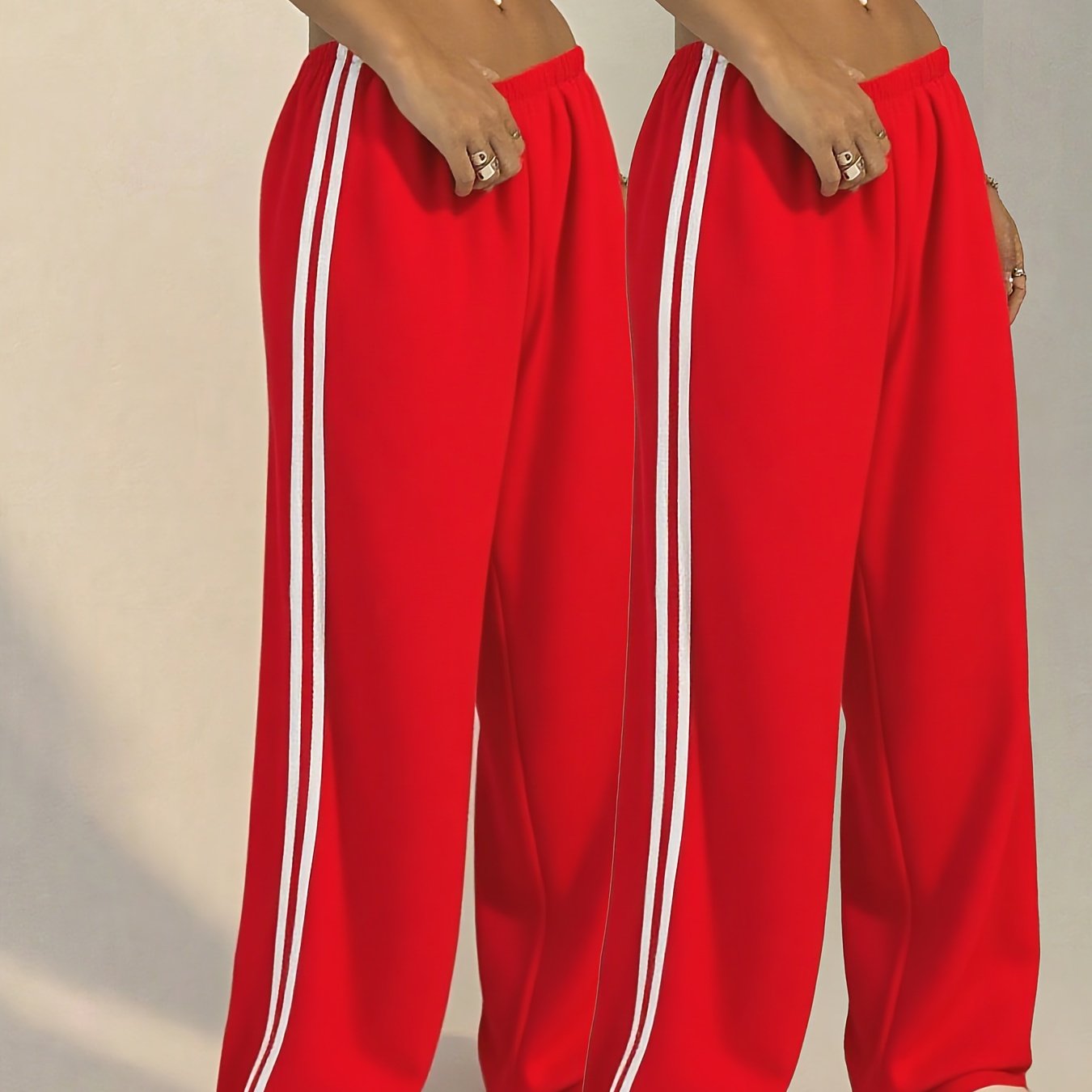 TEMU Spring Summer Autumn New Women's Contrast Striped Drapey Loose Wide-leg Trousers, , Lazy Style, Elastic Waistband, Machine Washable, Casual