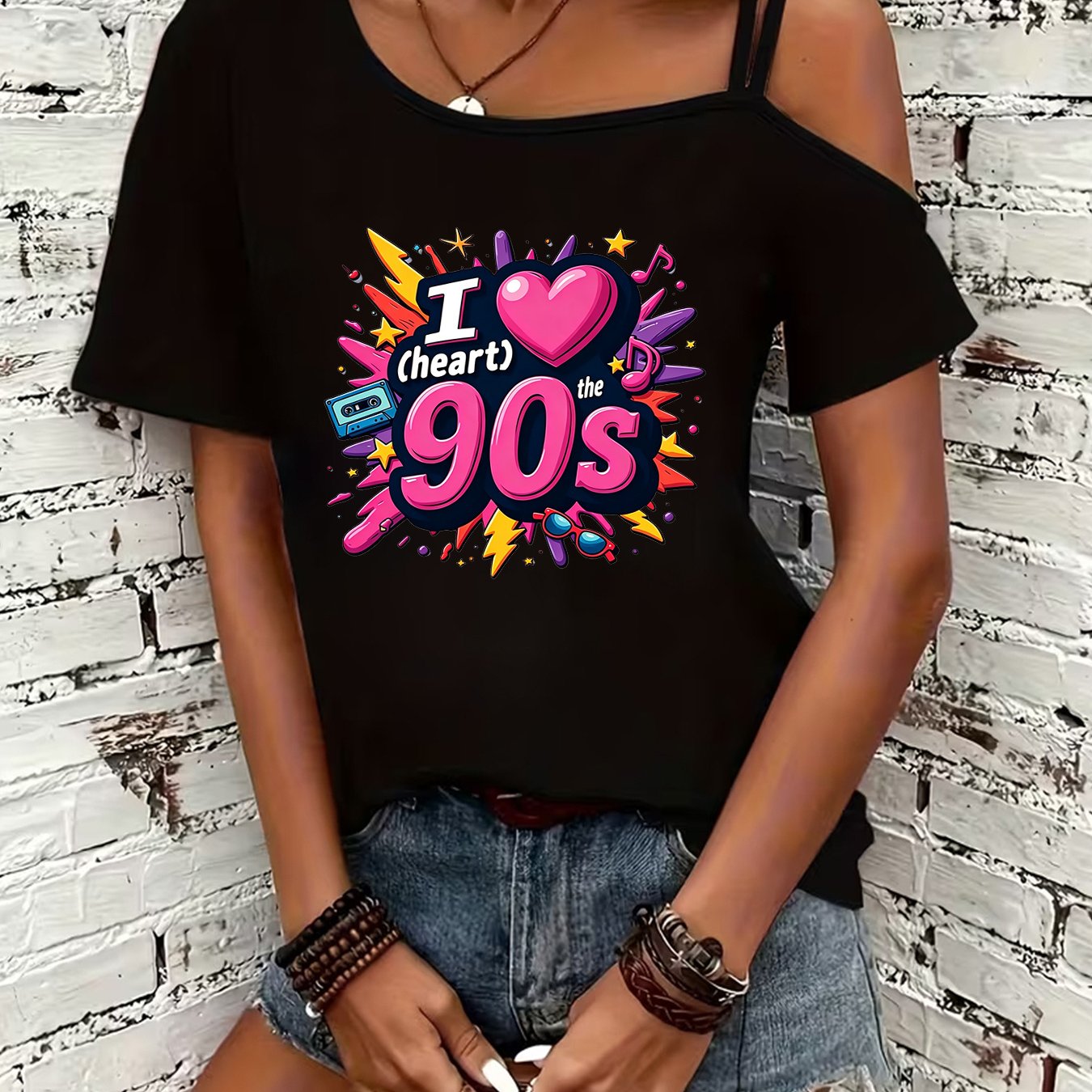 TEMU Camiseta con estampado de moda para mujer, camiseta sexy con tirantes y hombros descubiertos de manga corta, camiseta con diseño de tirantes,