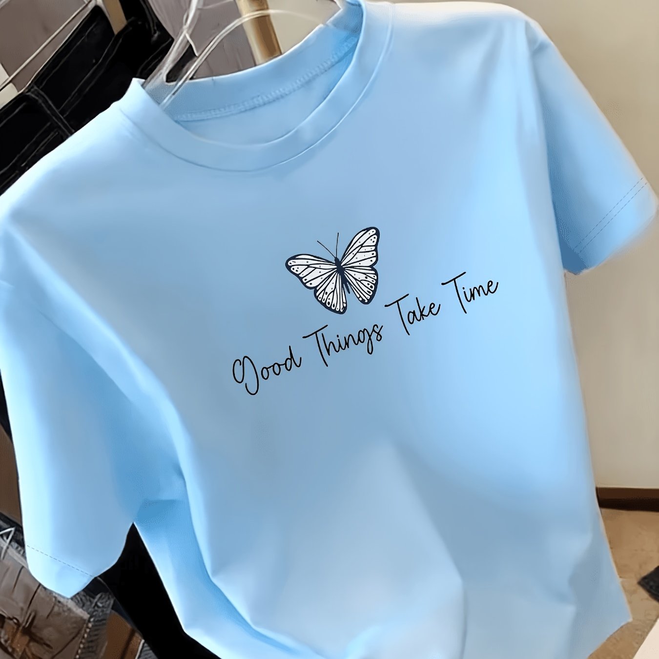 TEMU Women's Short-sleeve T-shirt Printed With Blue Patterns And The Text " ". Made Of, This Casual Top In Multiple Sizes, Soft For Everyday Wear And