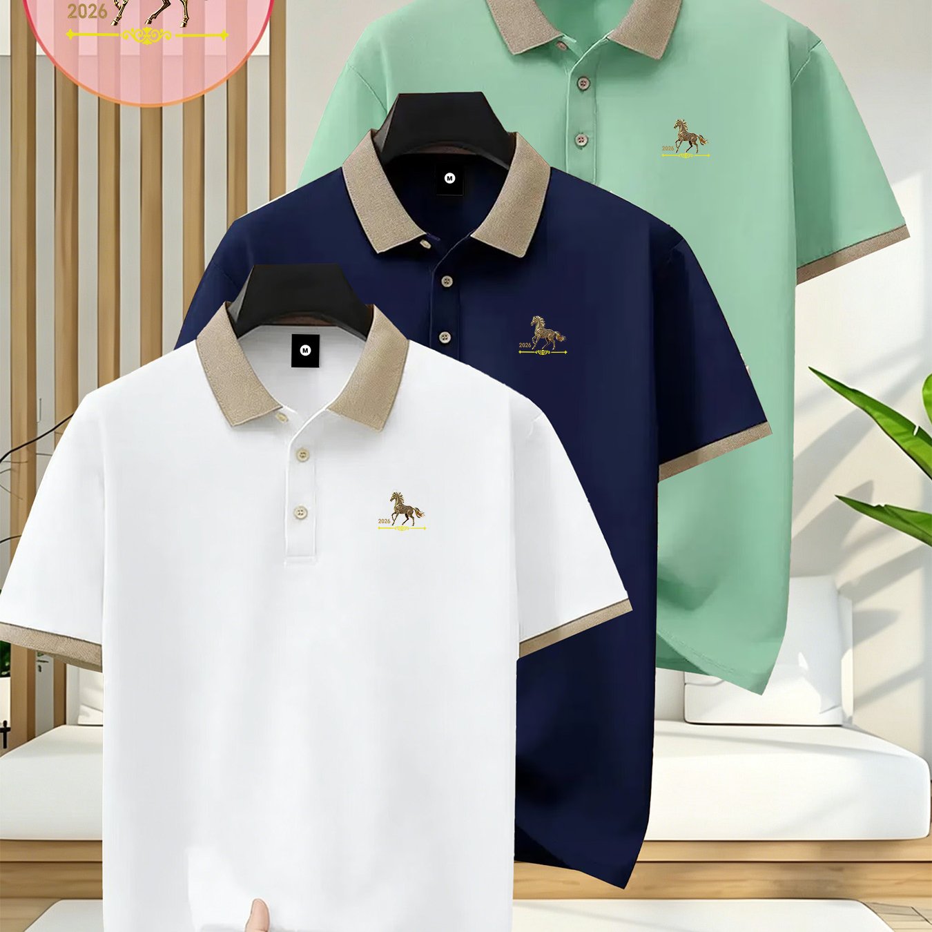 TEMU 2026 Golden Logo Fashion Casual Shirt 3pcs Set - Print Design, Suitable For Outdoor Running, Fitness, And Golf; Made Of Breathable Polyester