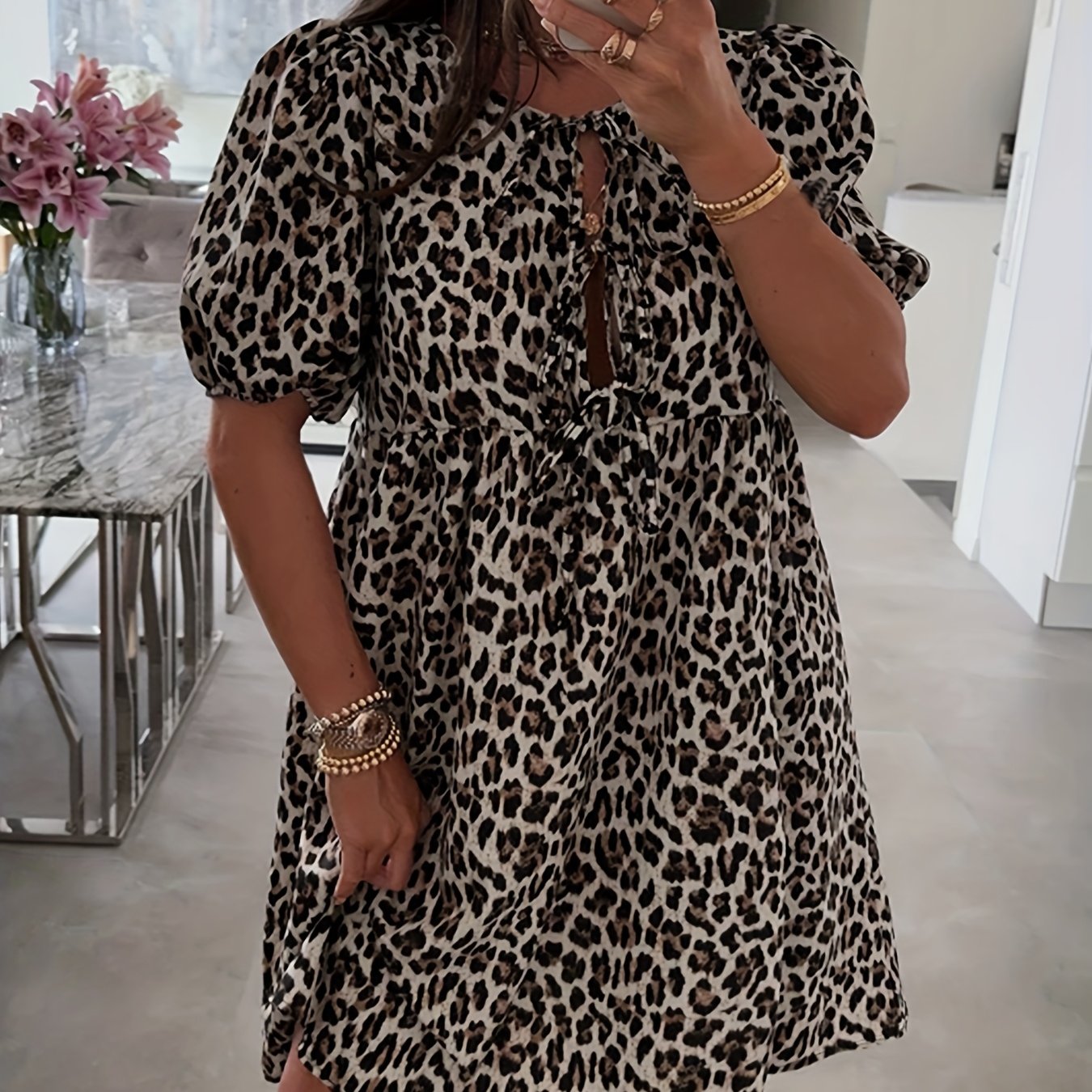 E-shop Neues Damen Kurzarm Leopard Print Kleid mit Bindeband vorne