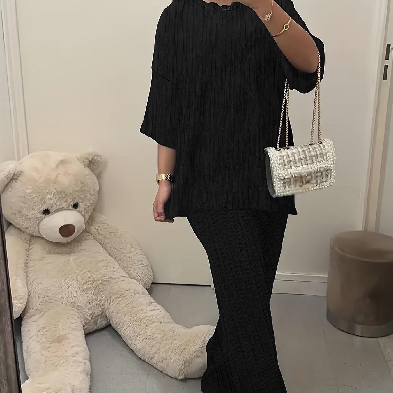 E-shop Damenset mit Rundhalsausschnitt und Lockerem Textur-Top + Hose
