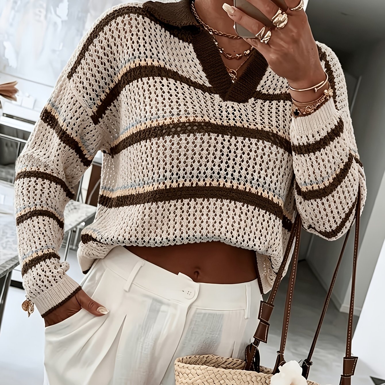 TEMU Women's Color Block Striped Cutout Pullover For Spring And Autumn
