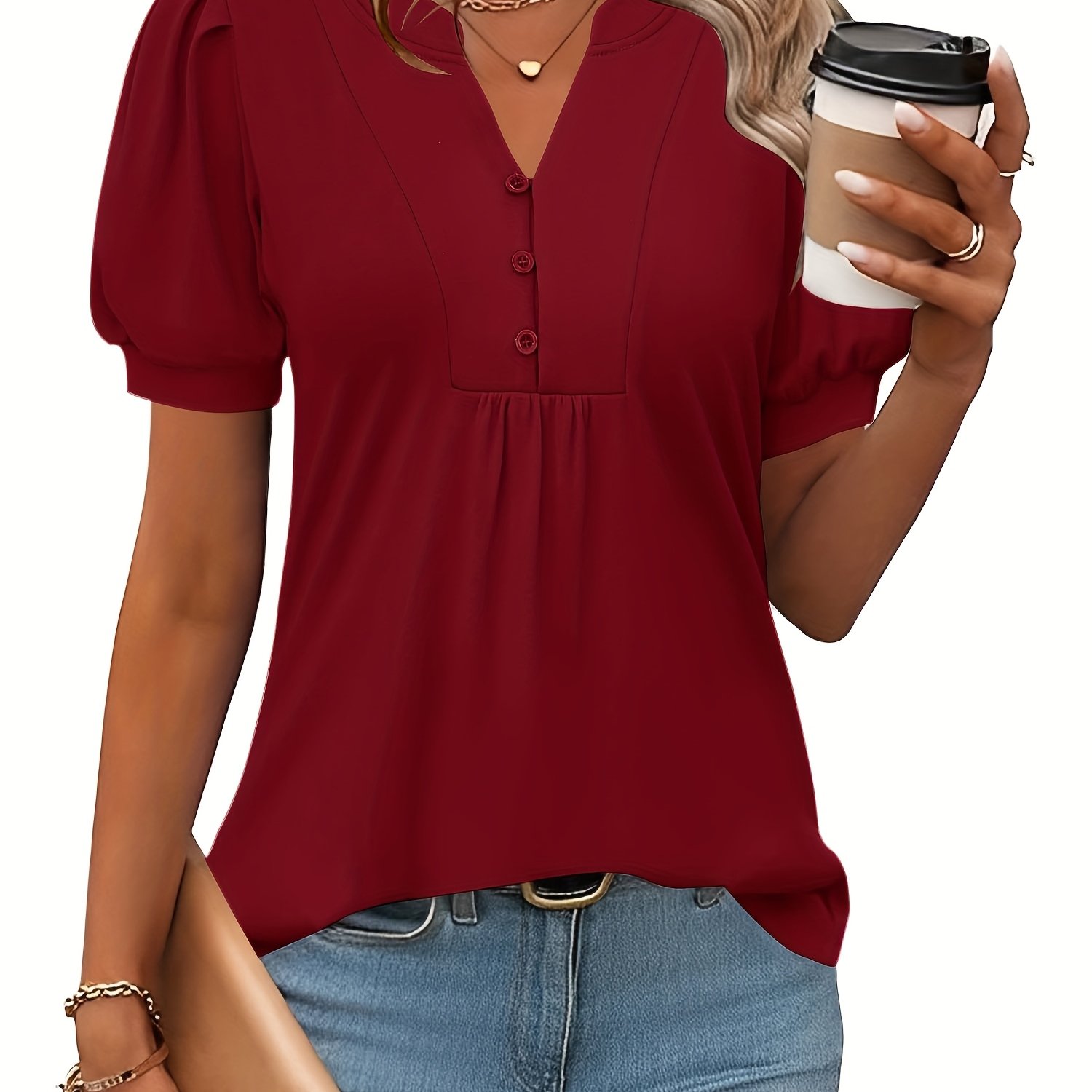Women's Casual Summer V-neck Puff Sleeve T-shirt With Chest - Solid Color Short Sleeve Top, Machine Washable Regular Fit Versatile Shirt For Casual Attire