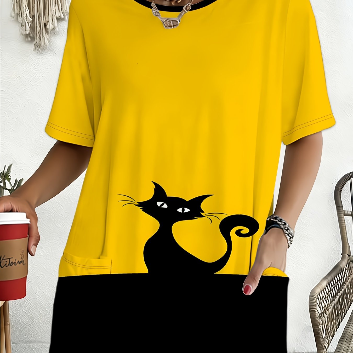 TEMU Yellow Black Cat Print Loose Short Sleeve T-shirt, Women's Plus Size Casual Top Summer New