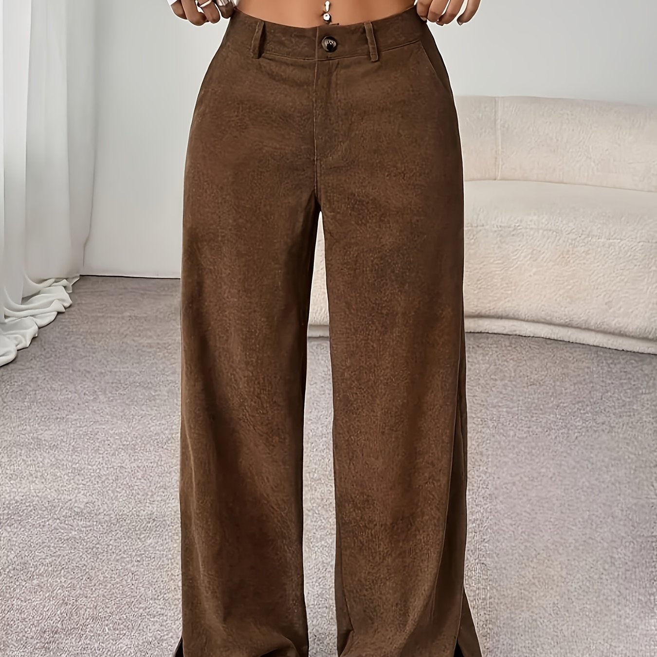 TEMU Casual Fashionable Corduroy Split Wide-leg Loose Trousers For Women, Autumn And Winter Women's Clothing