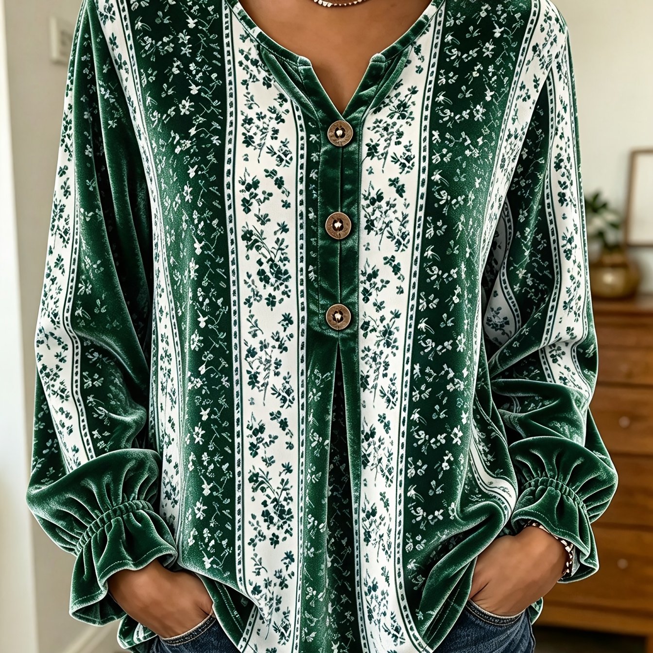 Image of Plus Size, Autumn, Large Size Ladies, Striped Floral Printed Velvet Long Sleeve Pullover, Small V-neck Decorative Button For Lotus Leaf Closed Sleeve Casual Top
