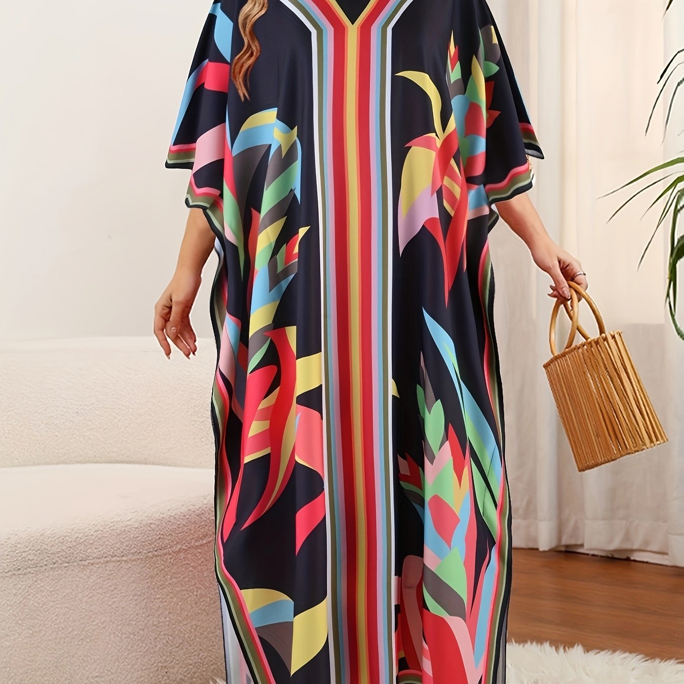 Plus Size, Women's Middle Eastern Plus Size Robe, Casual V-neck Plus Size Beach Robe