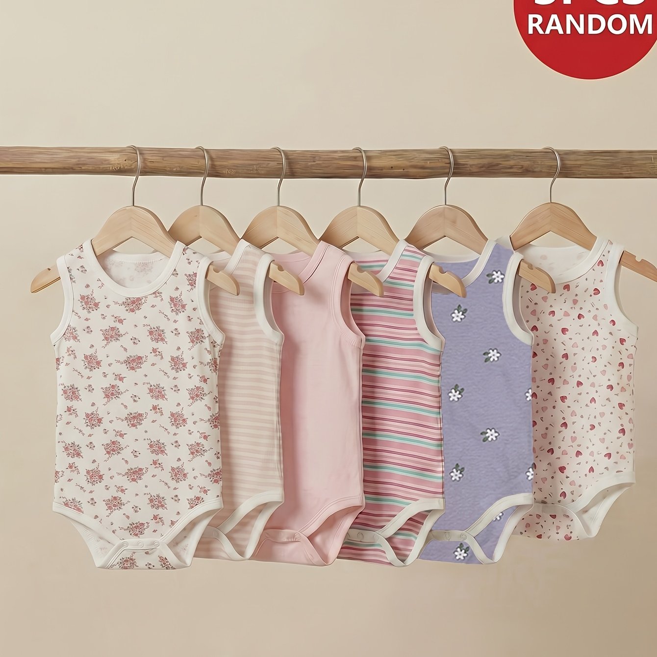 Image of Minieggs Random 3pcs Baby Girls' Comfortable Casual Round Neck Sleeveless Striped & Graphic Print Bodysuit, Versatile For Summer Casual Attire Cute Print Soft Matiral Cute Print, Perfect For Outdoor