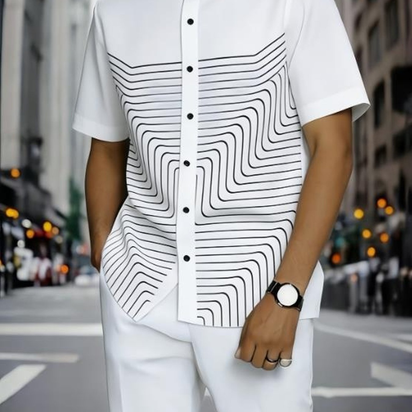 Image of Men's Modern Street Style Geometric Wave Pattern Casual Summer Outfit Two-piece Set Lightweight Breathable Daily Wear Vacation Wear Holiday Gift Adult Male Fashion Tracksuit