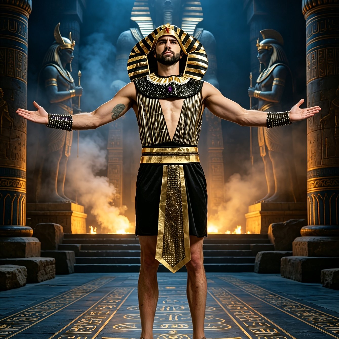 TEMU Halloween Adult Men Mysterious Pharaoh Cosplay Costume Black Golden Outfit For Party Stage Performance