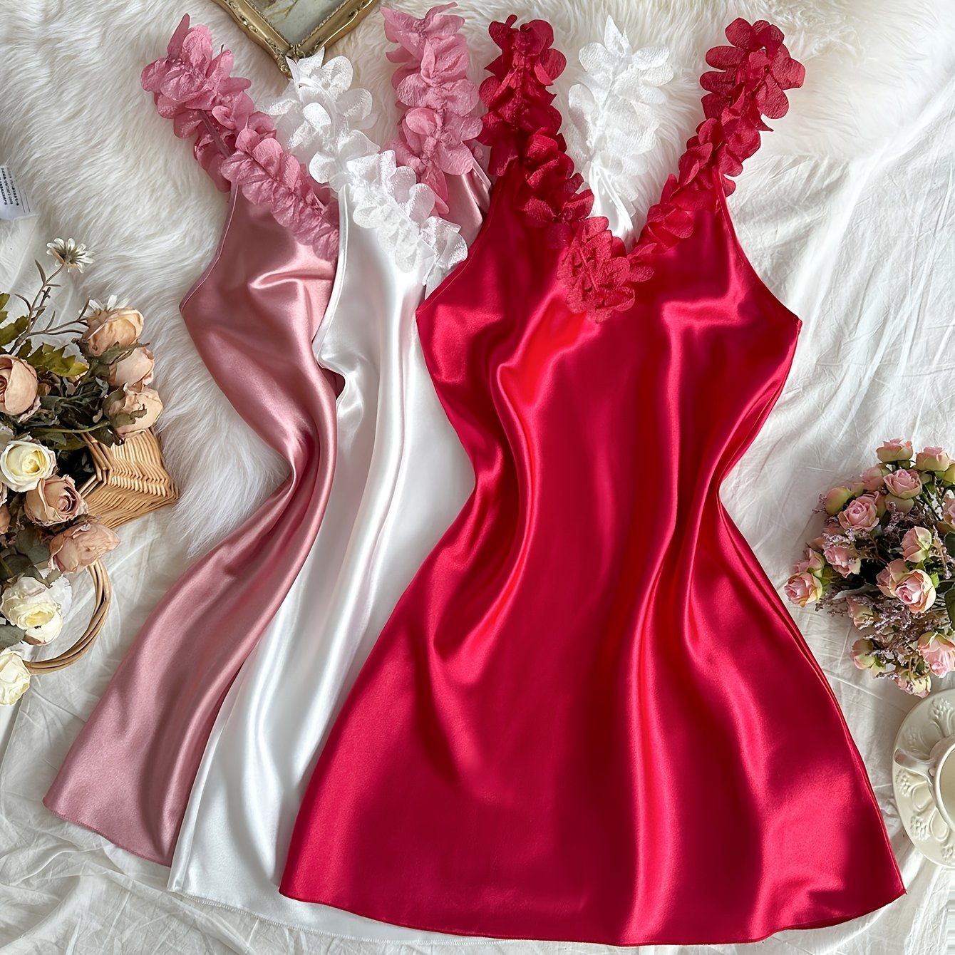 TEMU Youth Girls' 3pcs Set Of Solid Color Camisole Nightgowns For , For Teenager
