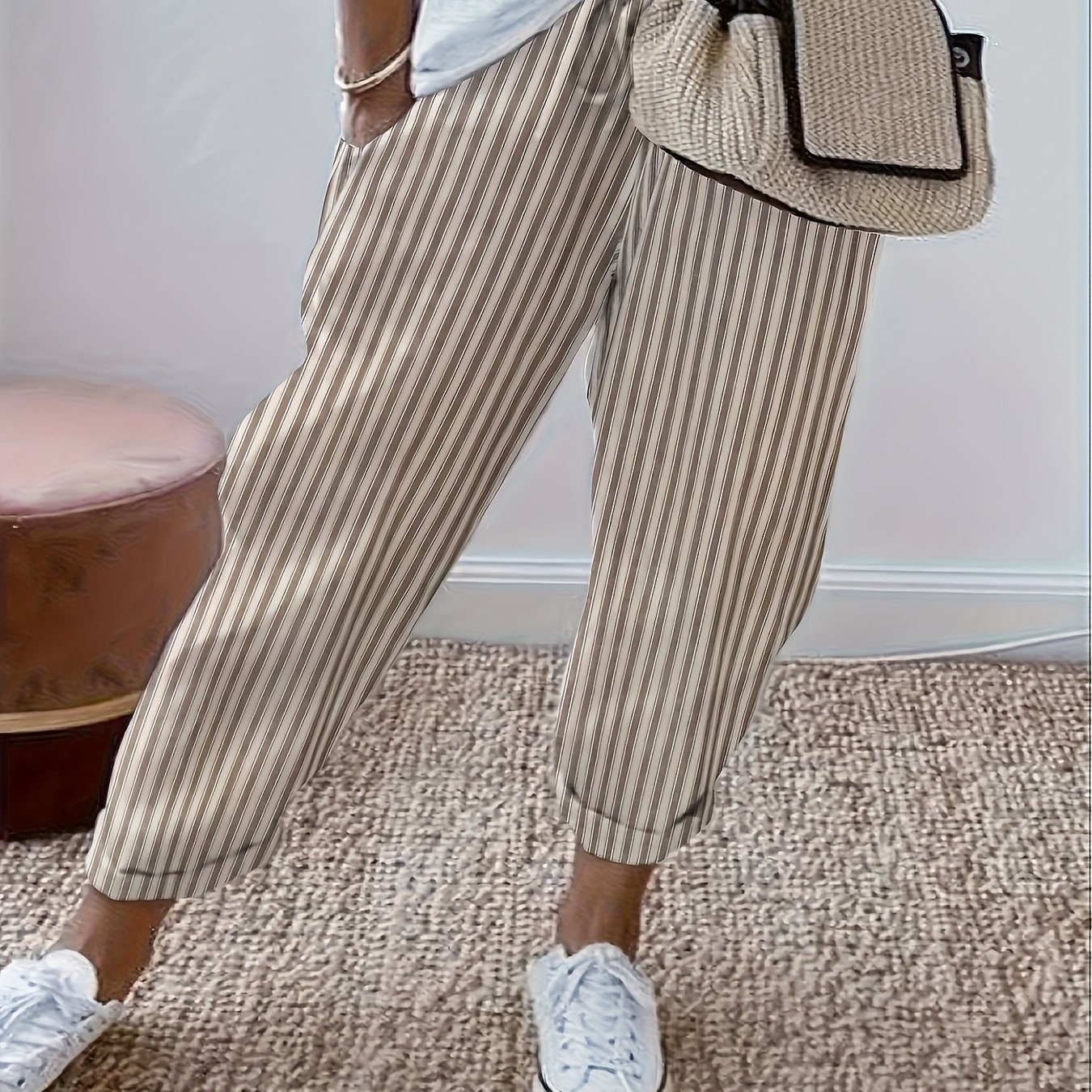 Striped Breathable Straight Jeans, Spring/autumn Drawstring Pocket Trousers, Women's Clothing