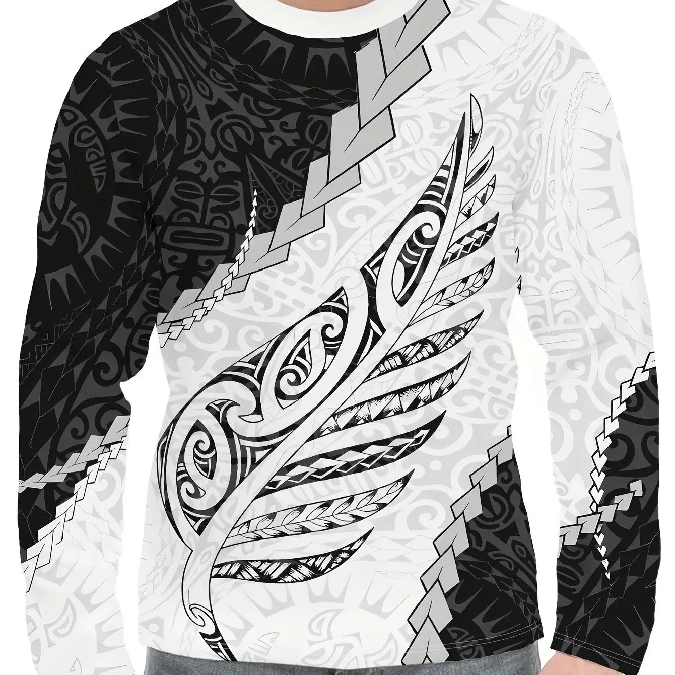 TEMU Men's Comfortable Retro Maori Pattern Long Sleeve Round Neck Pullover