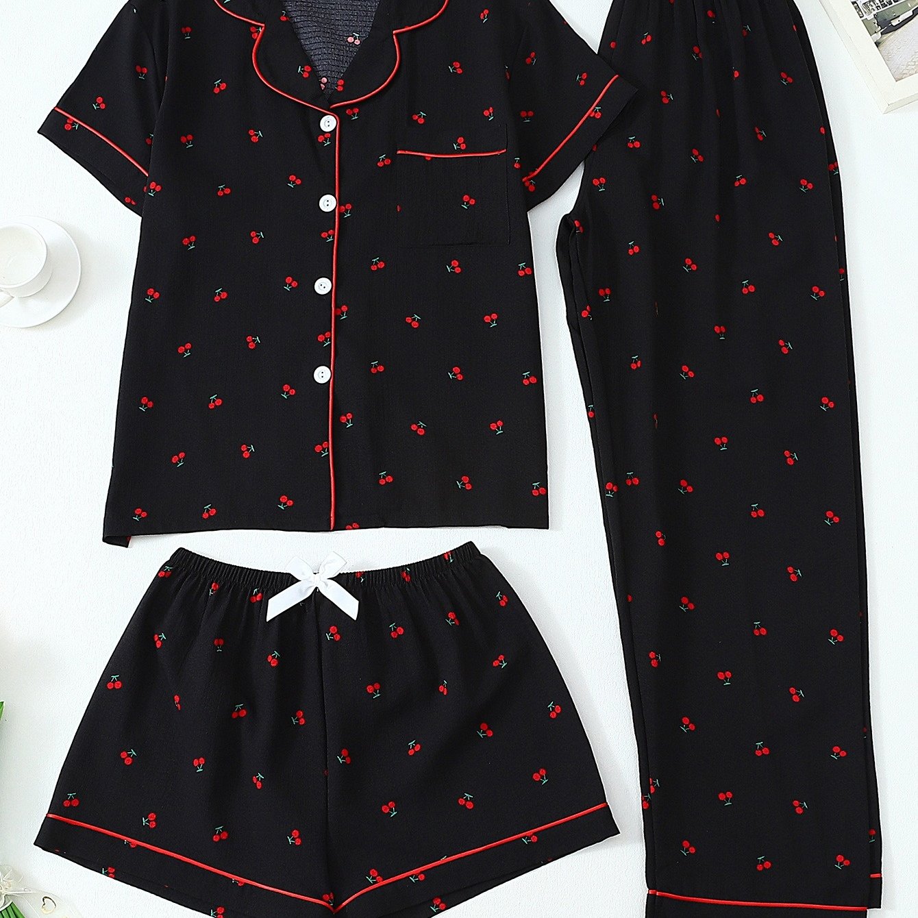 TEMU 3pcs Women's Cherry Print Pajama Set, Featuring A Short-sleeve Lapel Top With Pockets And Bow Shorts/pants, Suitable For Home Use