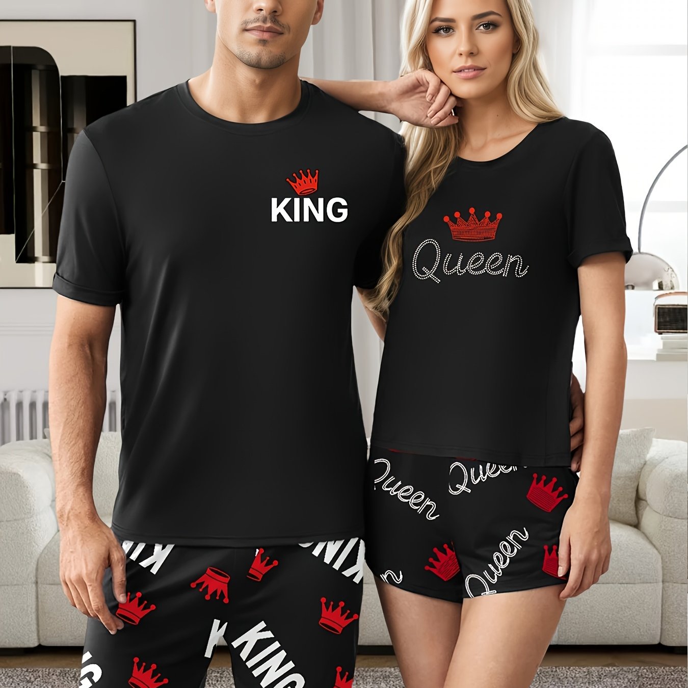 E-shop Romantisches Valentinstag-Paar-Set für Damen/Herren: Loungewear mit Kurzarm-Shirt Shorts, Letter Print, Pyjama-Set (Oberteil + Hose) für Männer