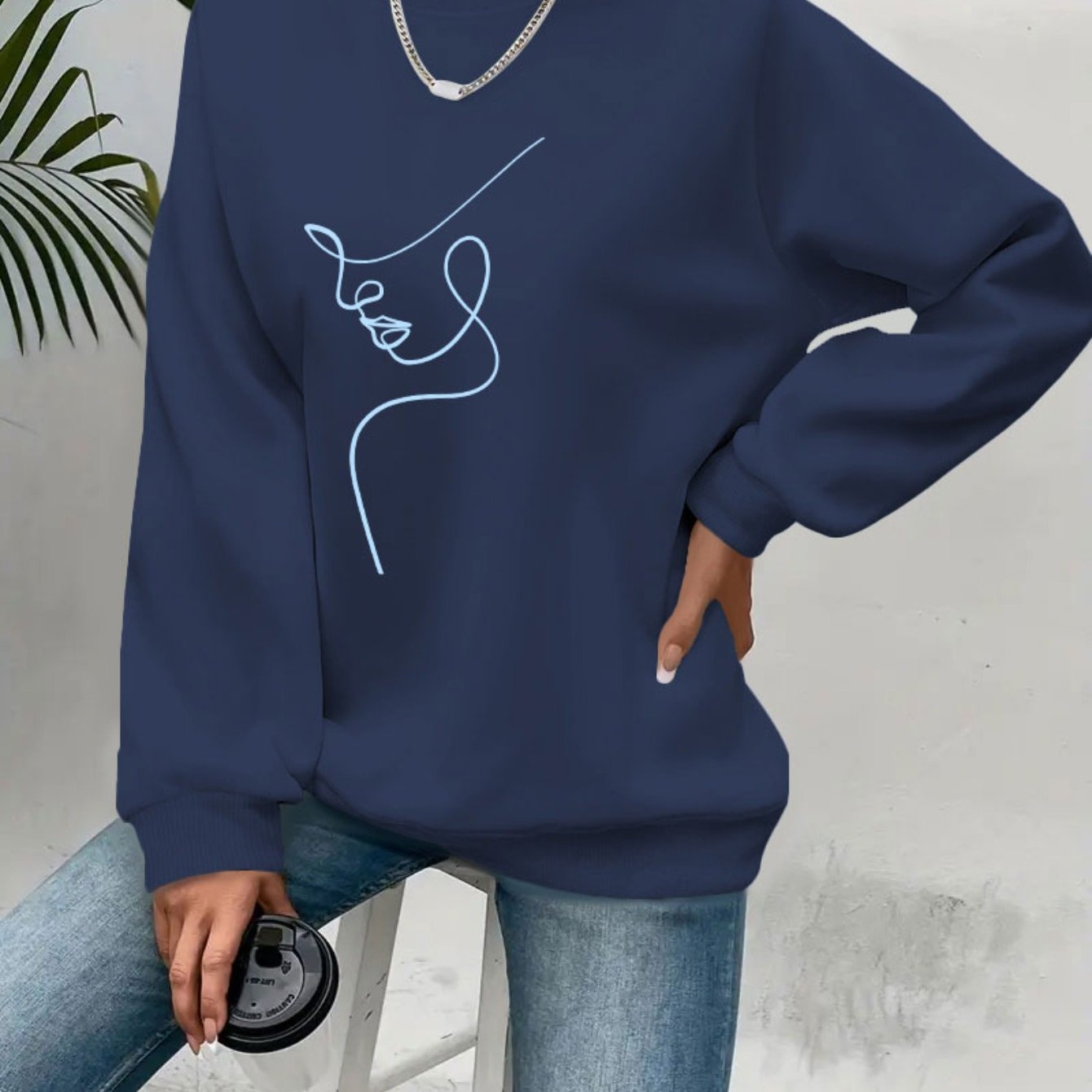 TEMU Plus Size - Plus Size - Oversized Comfortable With A Single For Women's Side Profile, Featuring A Soft Casual Long-sleeve Round-neck Sweatshirt,