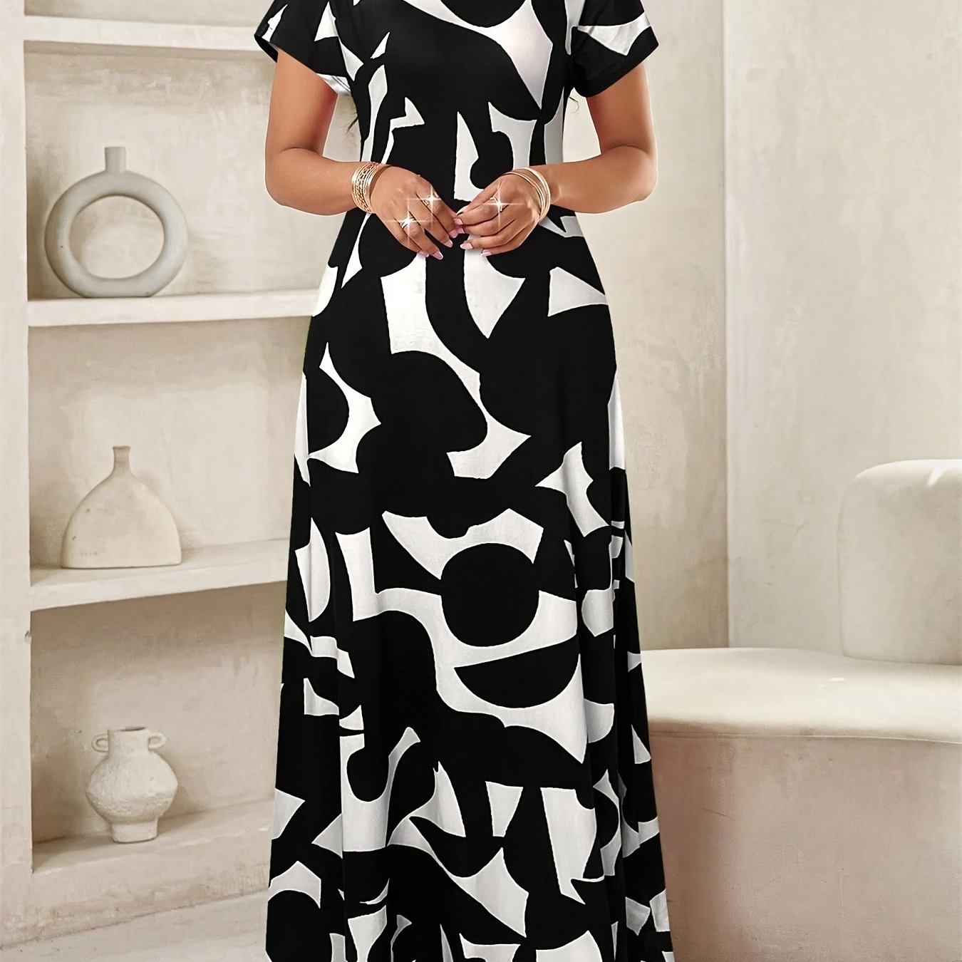 TEMU Women's Summer Slim-fit Black And White Print Batwing Sleeve Long Dress, Women's Summer Elegant Short-sleeve Dress