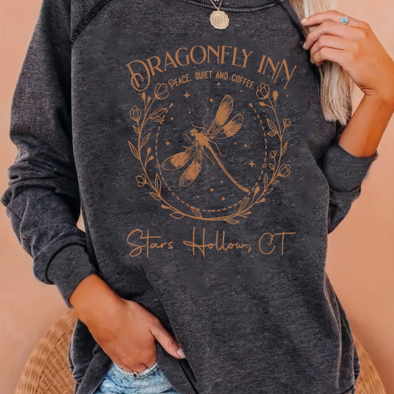 TEMU Women's Classic And Fashionable Flowers, Letter Labels, Insect And Dragonfly Prints Shirt, Round-neck Casual Crossover Long-sleeved Shirt,