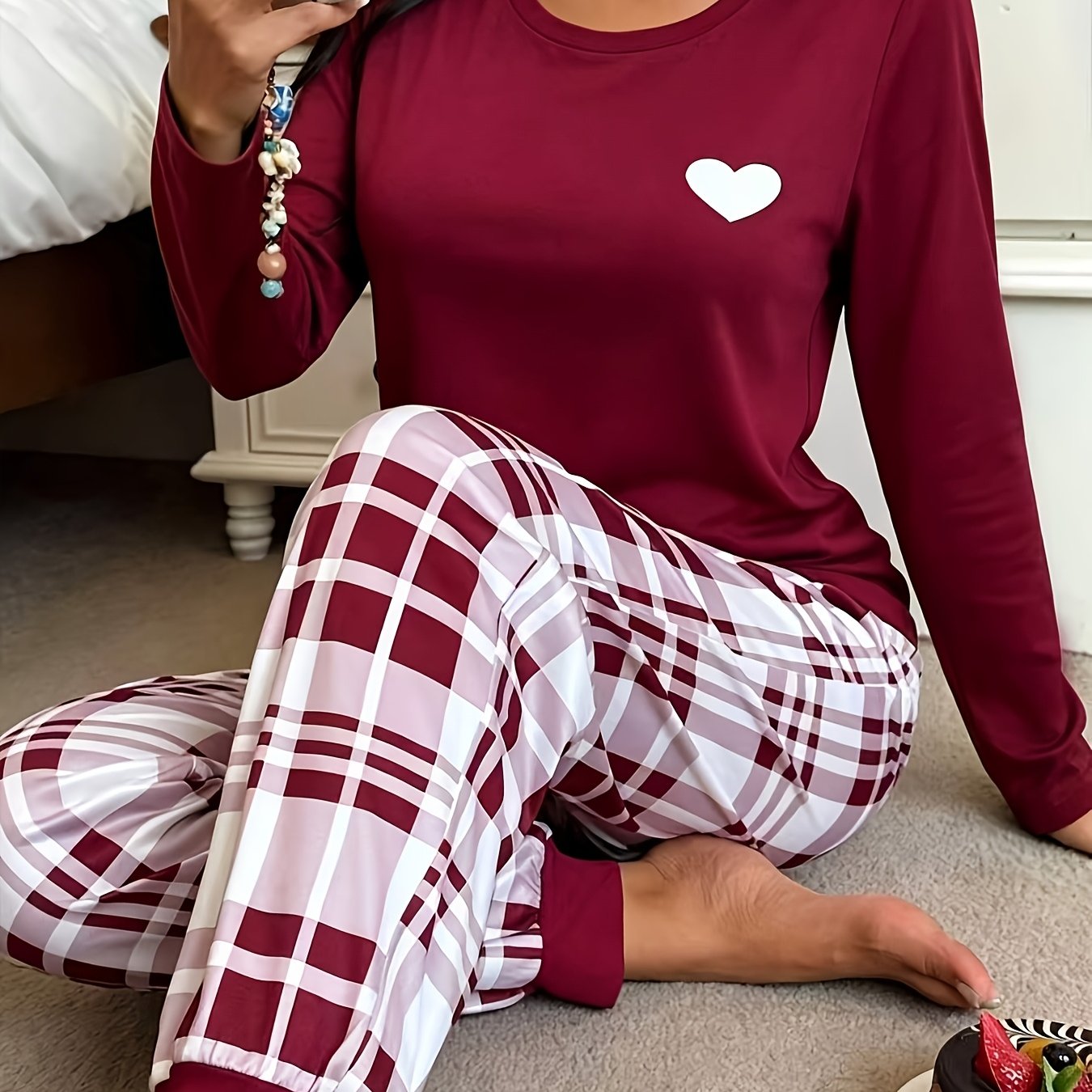 TEMU Women's Long-sleeve And Long-pants Pajama Set With Heart Print, Casual And Comfortable Sleepwear