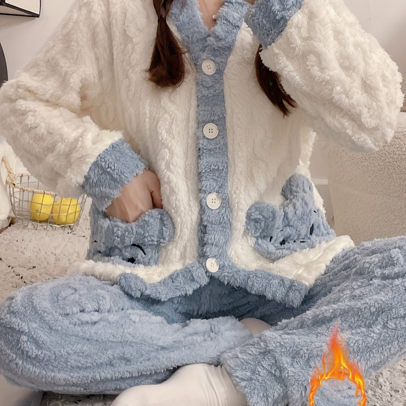 E-shop Herbst- und Winter Neues Damen Pyjama Cardigan Set Langarm Gesticktes Bär Design Warm Bequem Lässig Jacquard Locker Hauskleidung