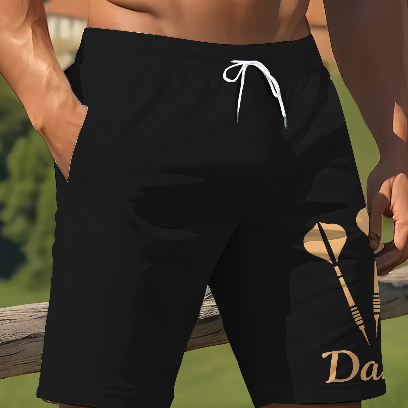 TEMU Men's Casual Print Quick-dry Shorts With A And Golden Dart & "darts" Text Print, Simple Vintage Style, Suitable For Seaside , Pools, Gyms, And