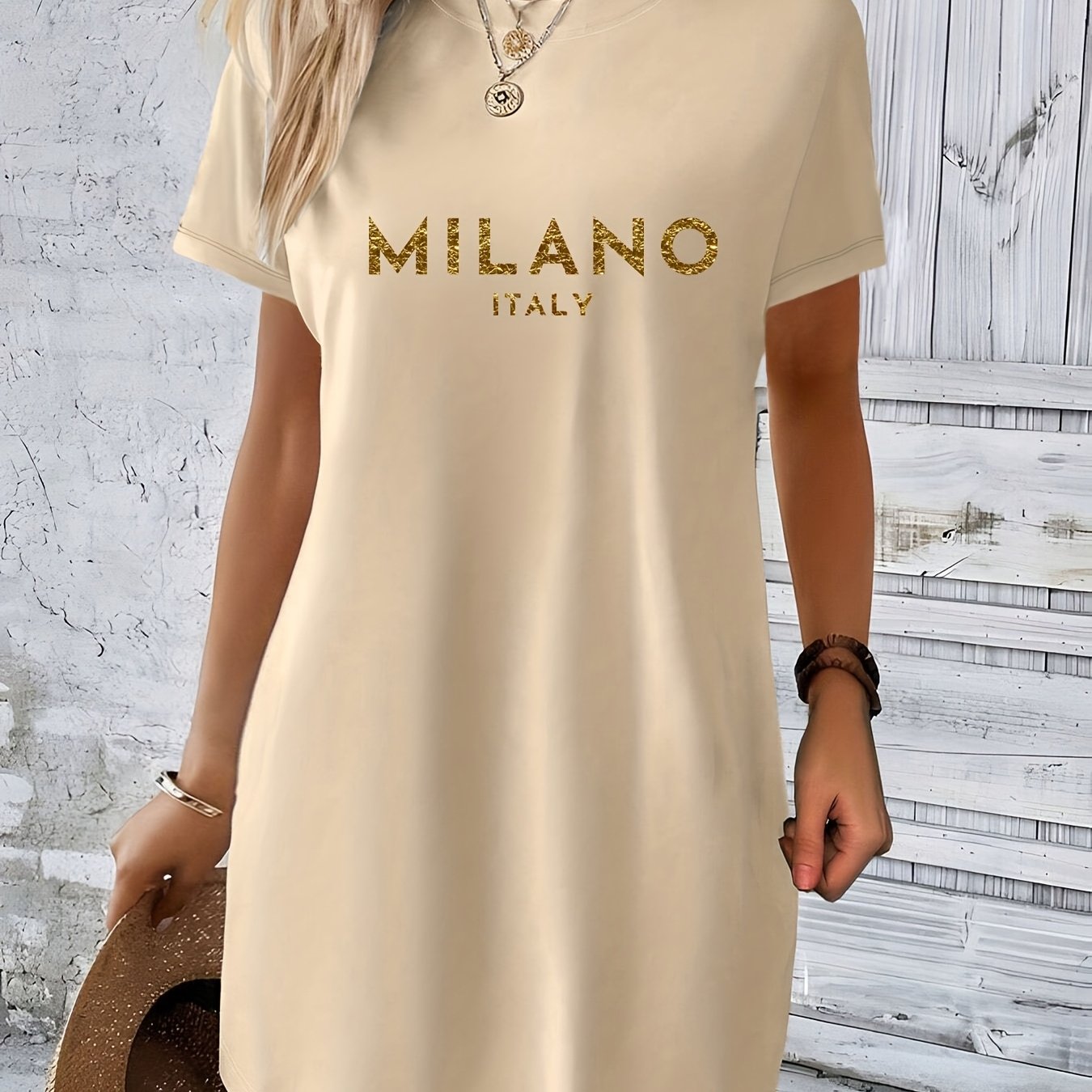 TEMU Elements, Women's Spring Summer New Casual Letter Print Round Neck Short Sleeve Dress, Easy And Fashionable, Showcasing Western Trendy Style,
