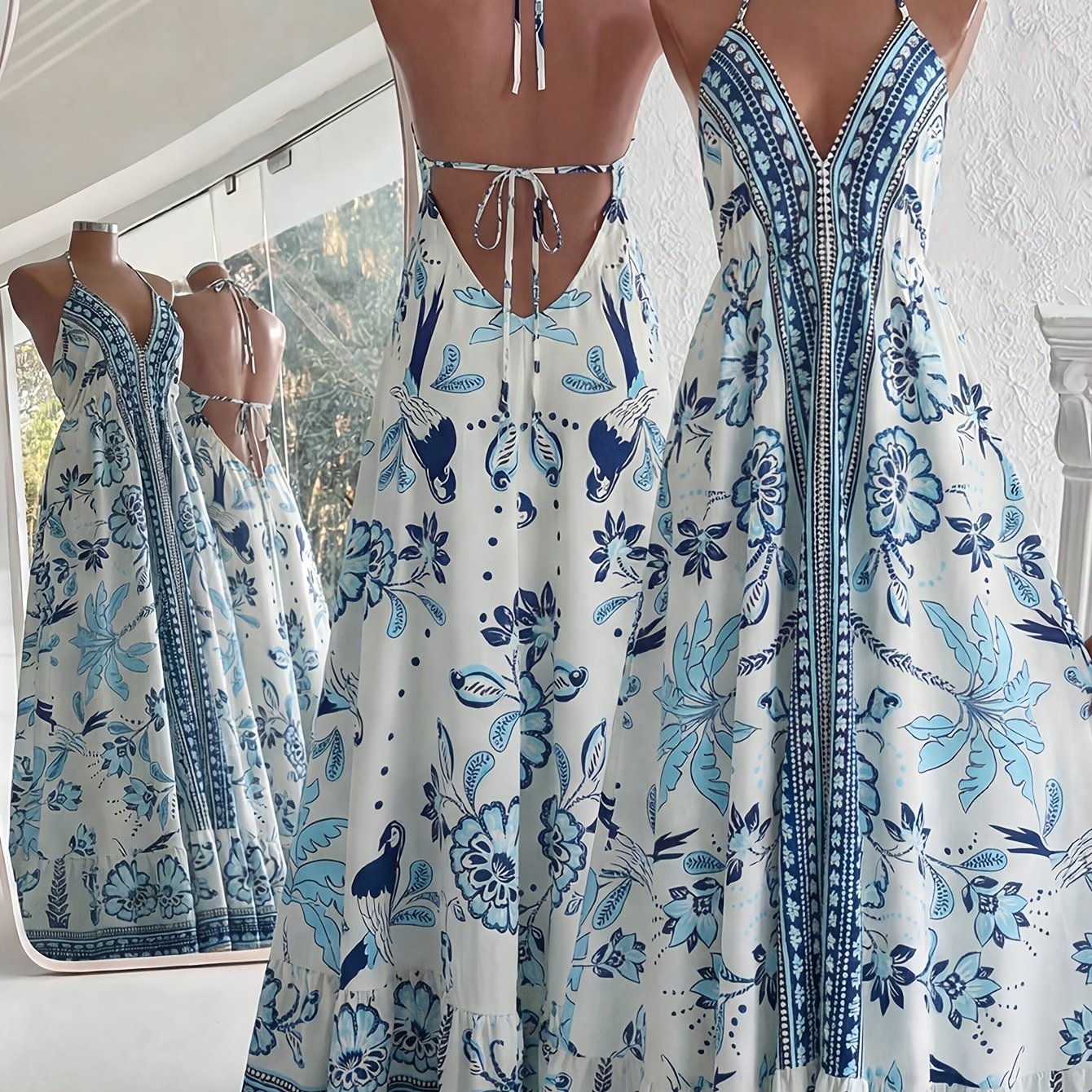 TEMU Robe d'été 2026 à Bretelles Spaghetti et Imprimé Porcelaine Bleue et Blanche, Robe Longue Cintrée à Col en V pour Vacances en