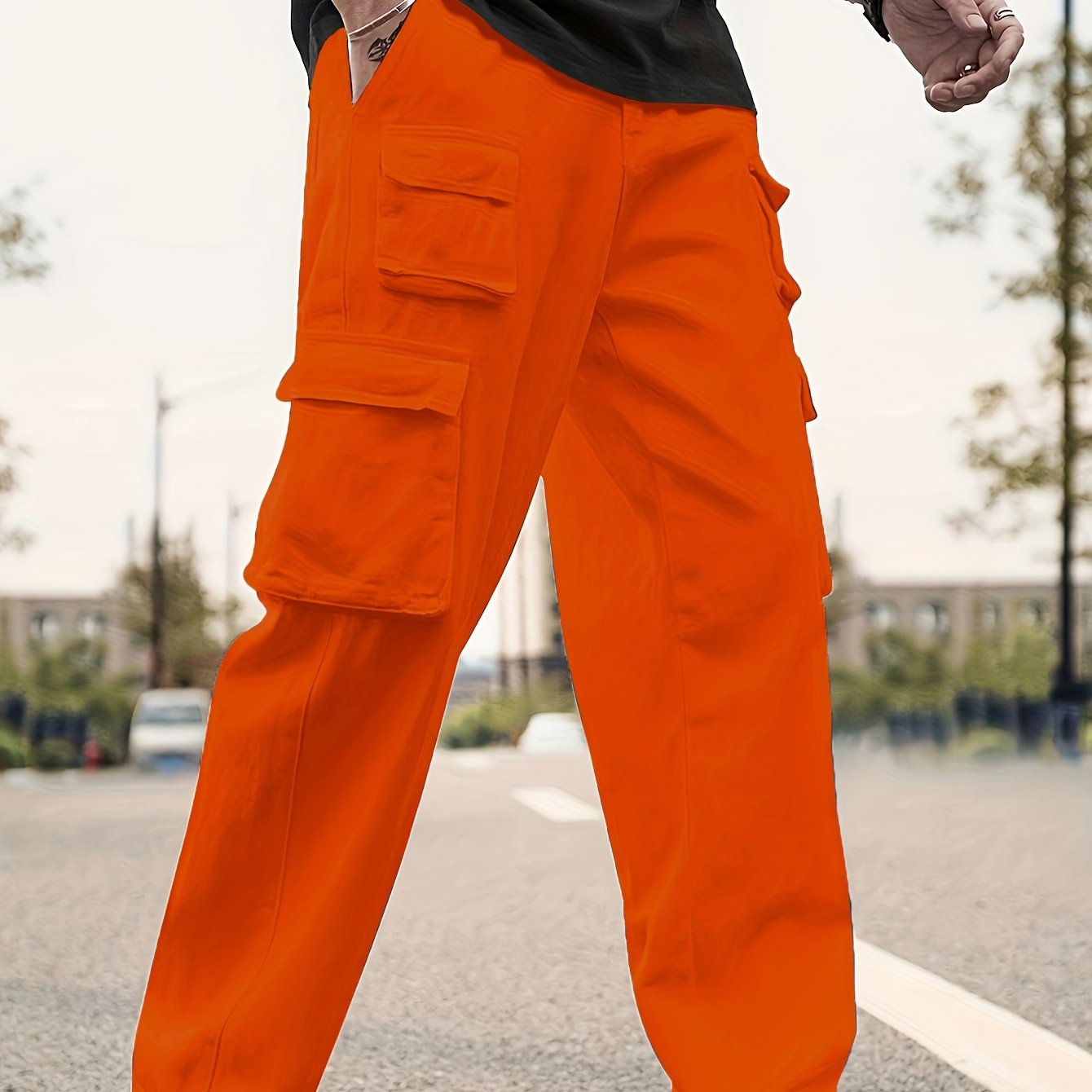 Black Flap Pocket High Rise Denim Cargo Pants Solid Color - Temu United  Arab Emirates