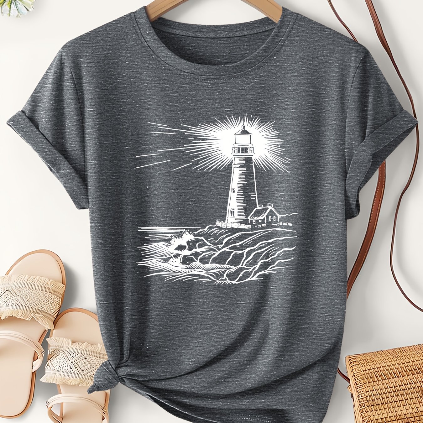 TEMU Women's Sketch Style Coastal Lighthouse -piece Summer Lightweight Short-sleeve Cute T-shirt, Simple Elegant Vintage Casual Versatile Korean Top,