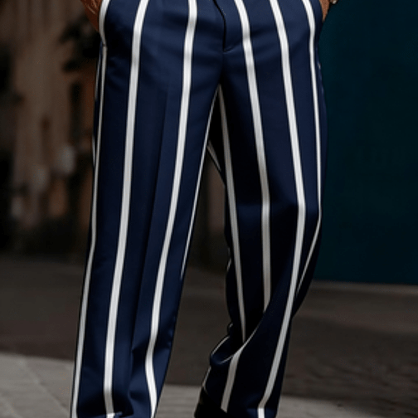 TEMU Men's Navy Blue And White Double Vertical Stripe Casual Trousers - Retro Style, Navy Blue And White Striped Wide-leg Trousers, Ideal For