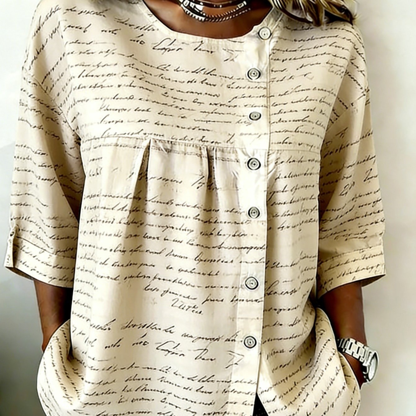 Plus Size - Plus-size Women's Crewneck Button- Beige Handwritten Top, Easy, Elegant And , Suitable For , From Casual To Semi-formal Settings, For Her, , Family Or Yourself