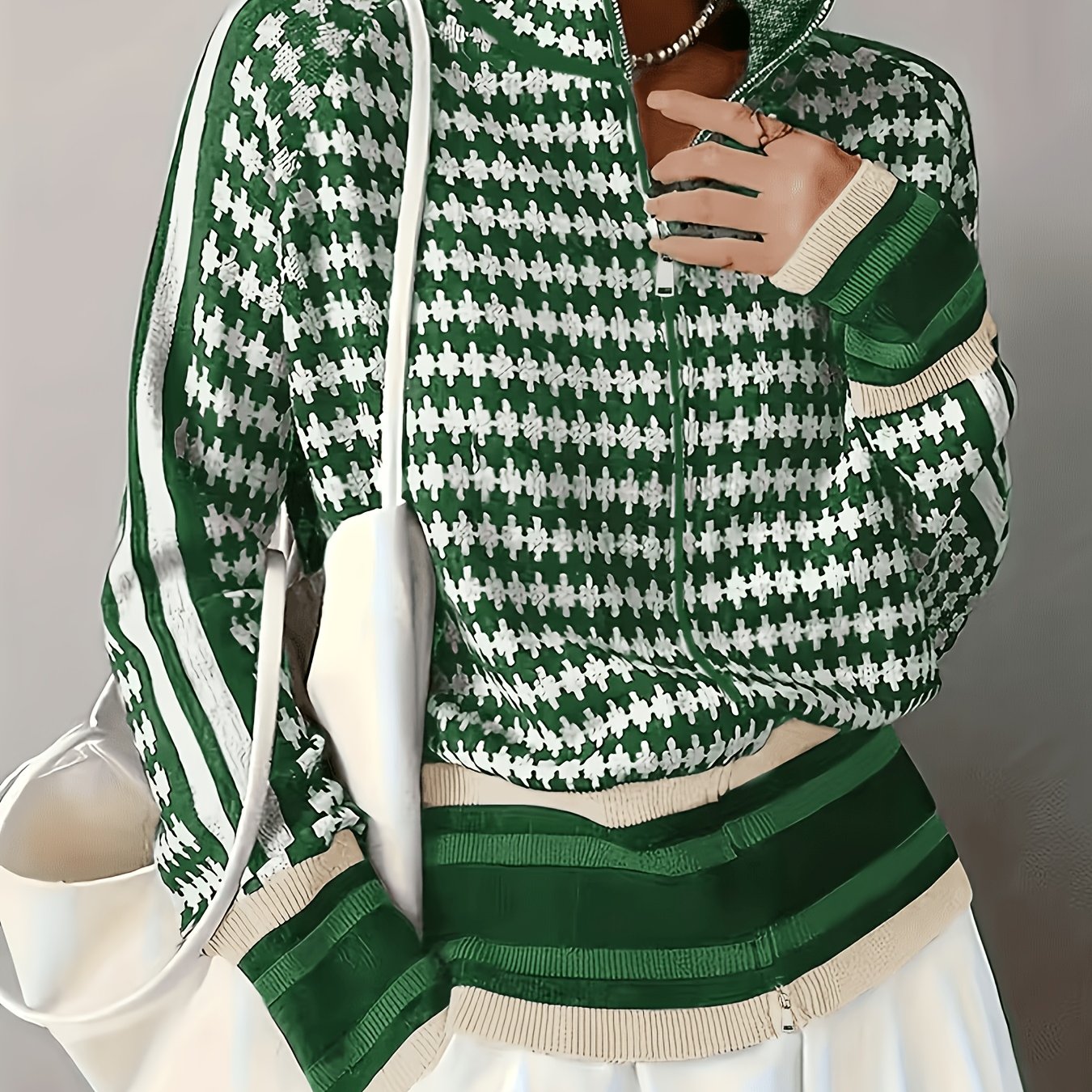 TEMU Cardigan pull vintage à fermeture éclair et pattes d'échecs pour femme – Cardigan ouvert à motif jacquard géométrique vintage, haut pull à