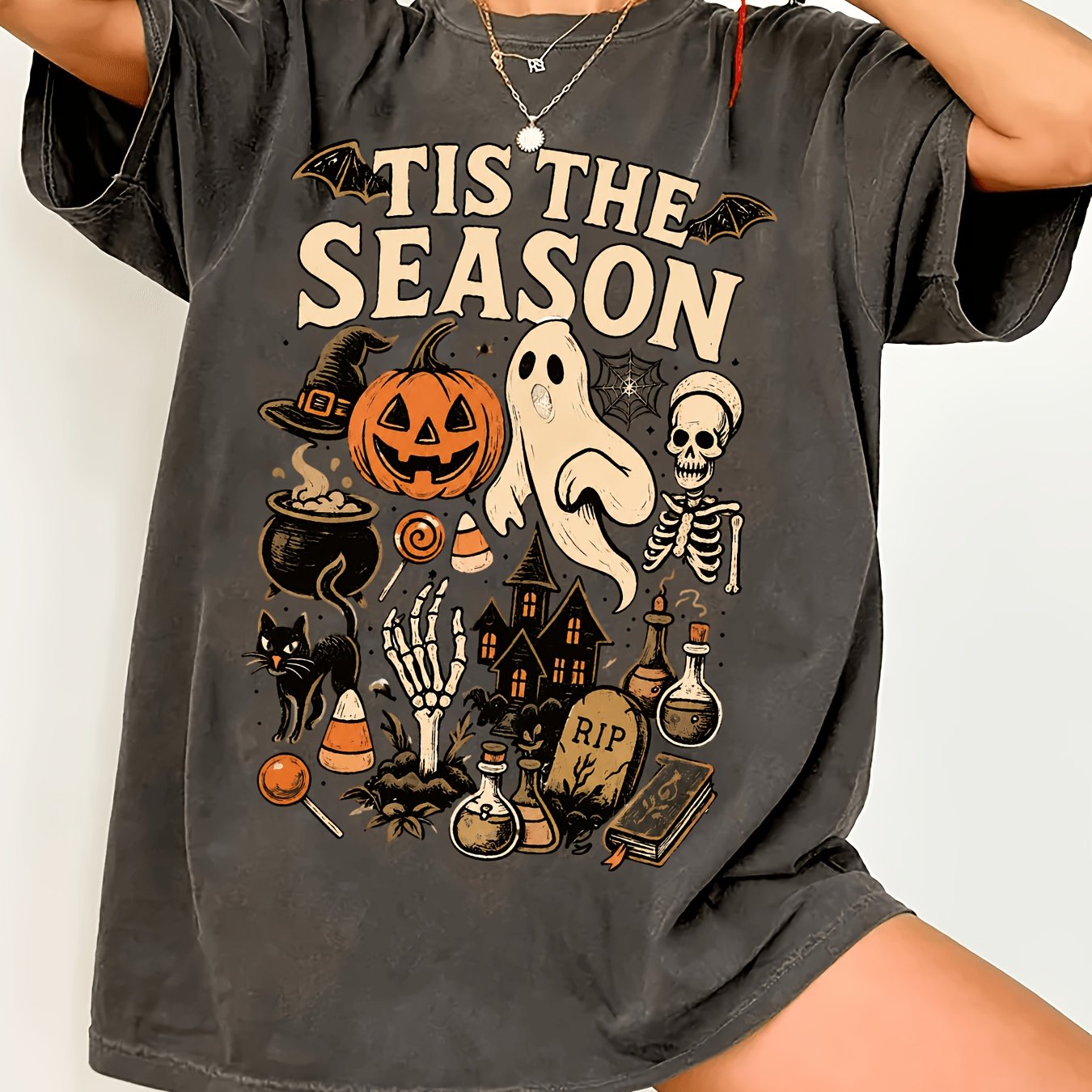 TEMU Halloween Women's Fashion Pumpkin Print Short Sleeve T-shirt, Soft Comfortable Breathable And Bohemian Style