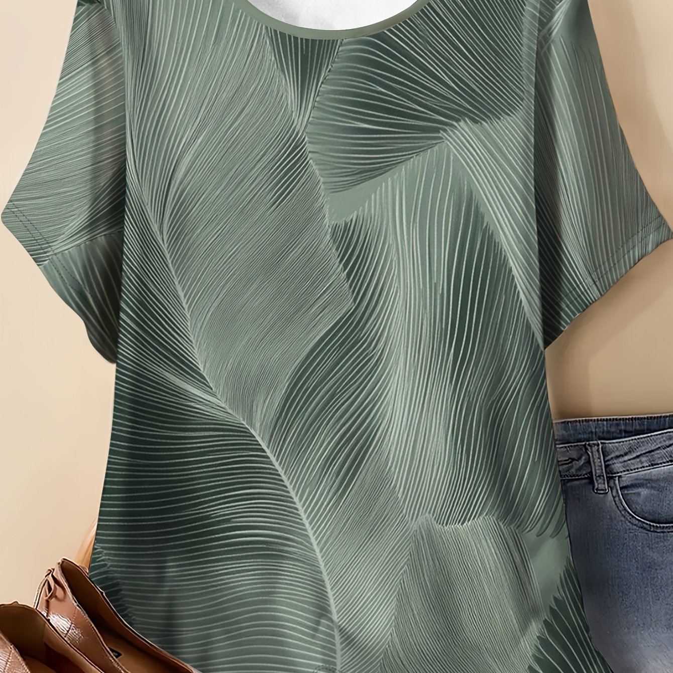 TEMU Palm Leaf Print T-shirt, Style Loose Neck Top
