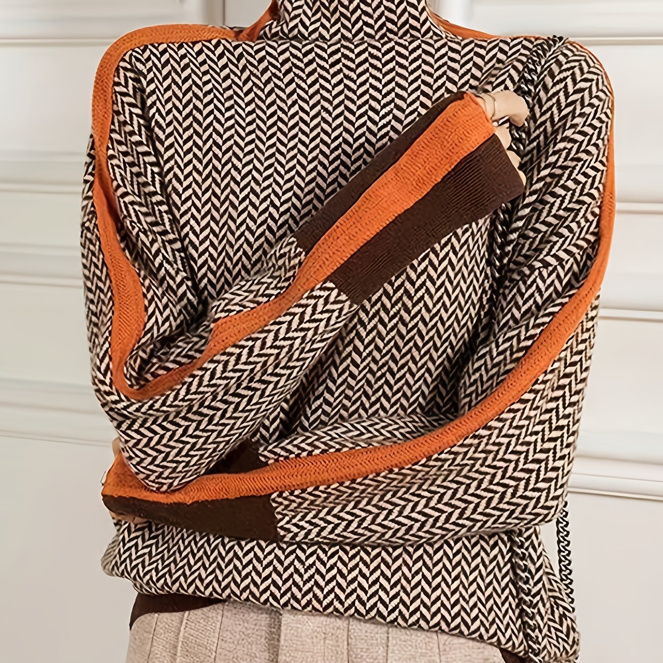 Image of Women's Elegant High Neck Sweater - Winter Warm Color Block Sweaters Suitable For Fall/winter, H-line Silhouette & Sleeve Pullover, Hand Washable Cozy Sweaters For Or Special Occasions