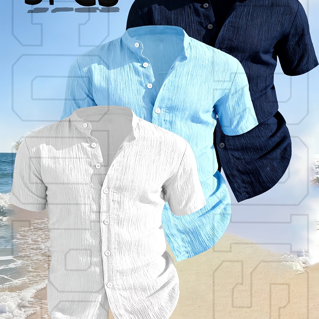 TEMU [qiaoximei Obm] 3pcs Men's Summer Short Sleeve Shirts - Lightweight Breathable Button-up With Vertical Stripes, Solid Color Stand Collar Casual