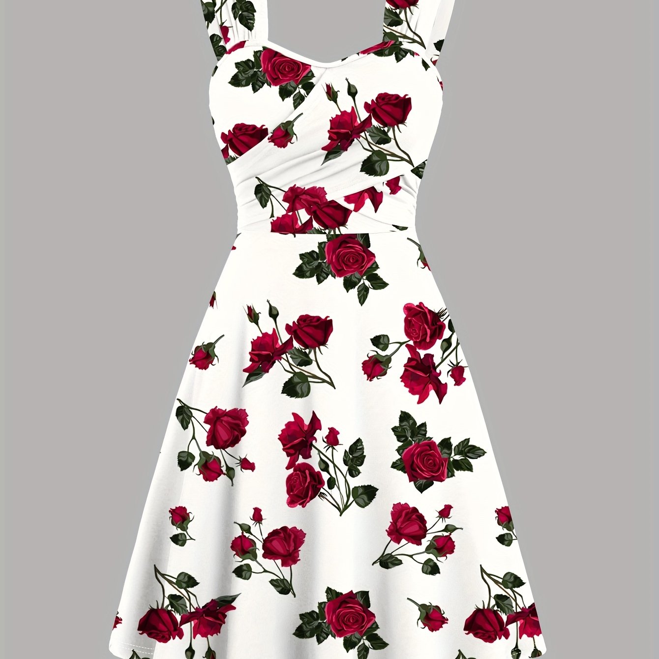 E-shop Damen Kleid mit Rosenprint, Frontfalten, Kreuzträger, Schulterfreies Elegantes Casualkleid